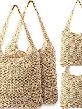 4 Pcs Crochet Beach Tote Bag Mesh Woven Shoulder Bag Beach Straw Bag Handmade Wo
